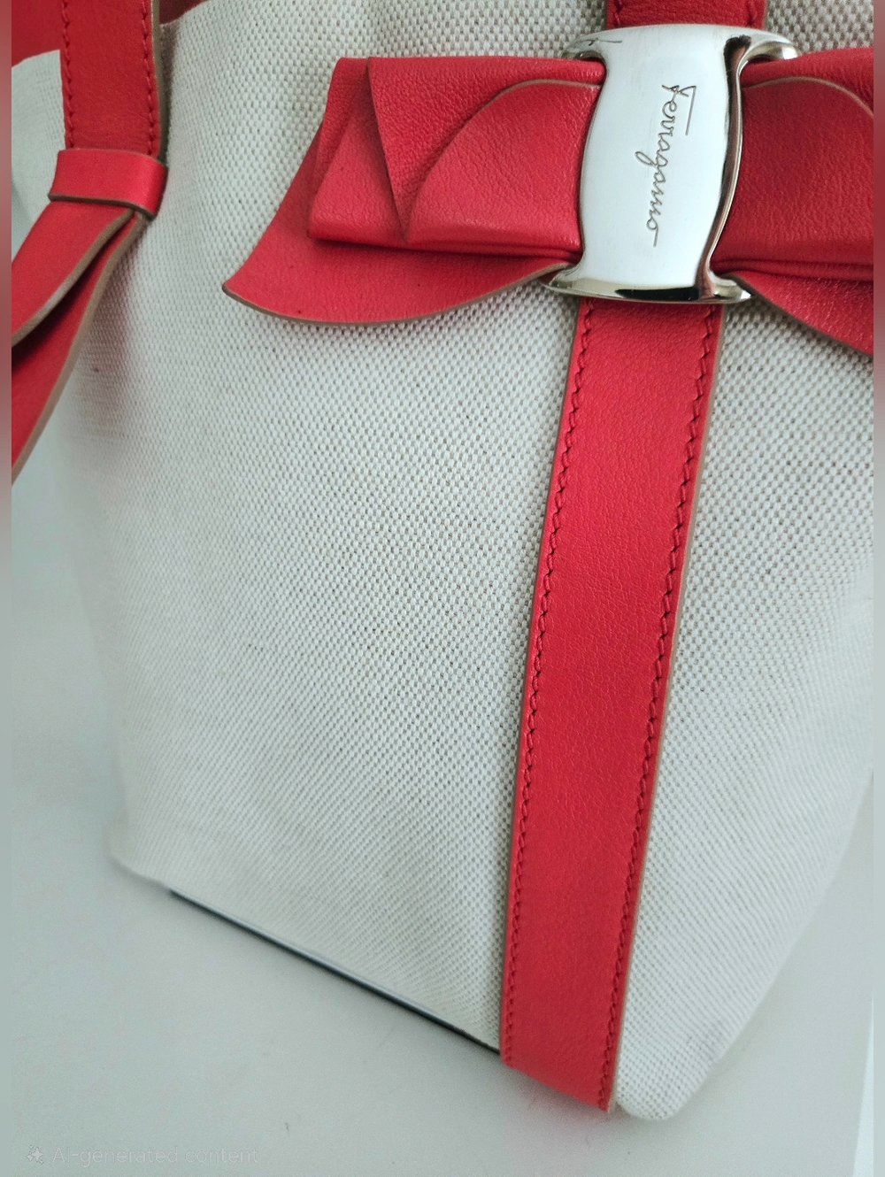 Authentic SALVATORE FERRAGAMO Vara Ribbon Red‎  Canvas Tote Shoulder Bag - Picture 3 of 15